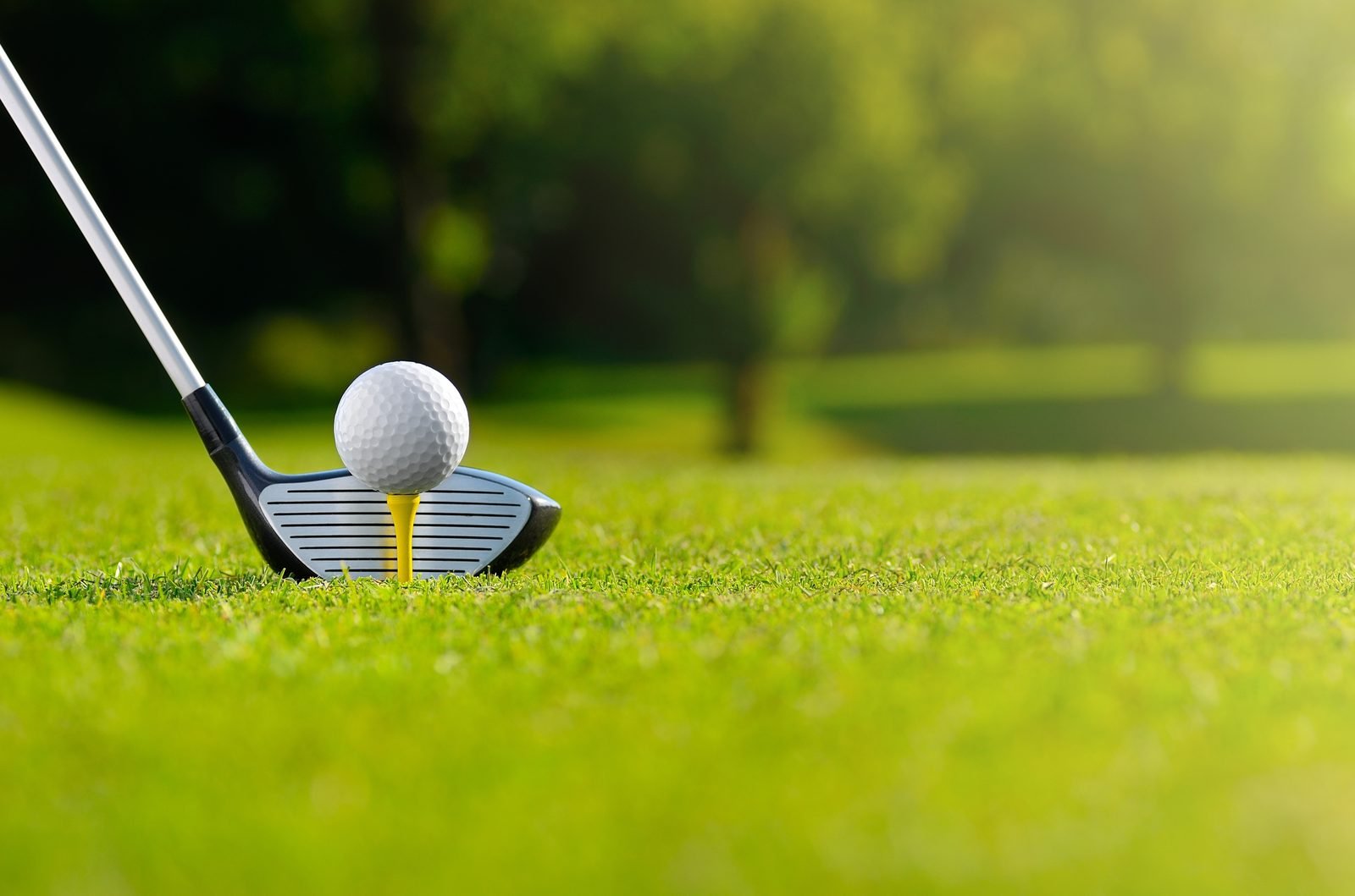 Golf tee shot with ball on yellow tee and fairway ahead in Cabo